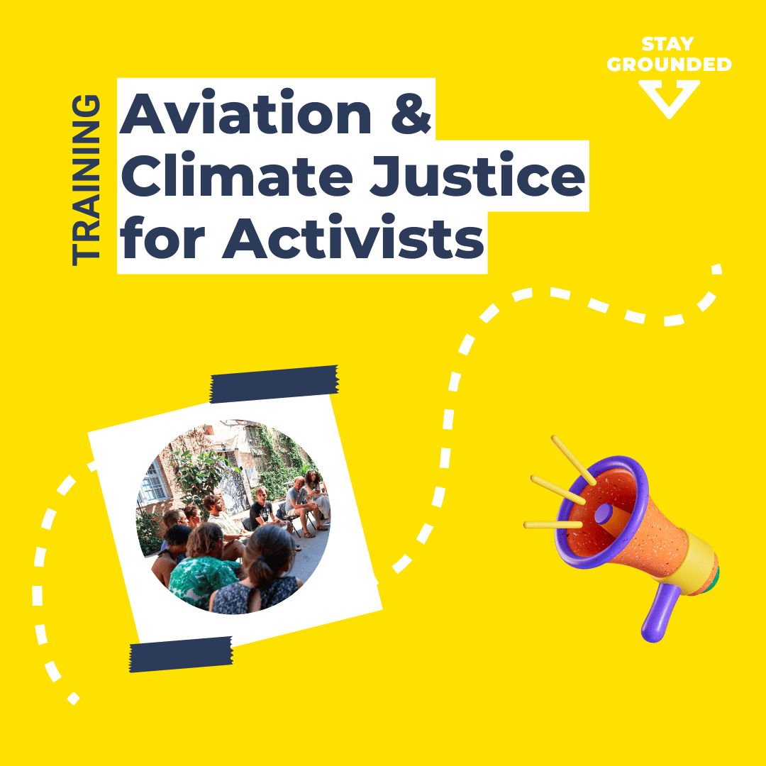 A yellow image with a megaphone and framed picture of a Stay Grounded meeting. The text has the title of the upcoming training sessions.