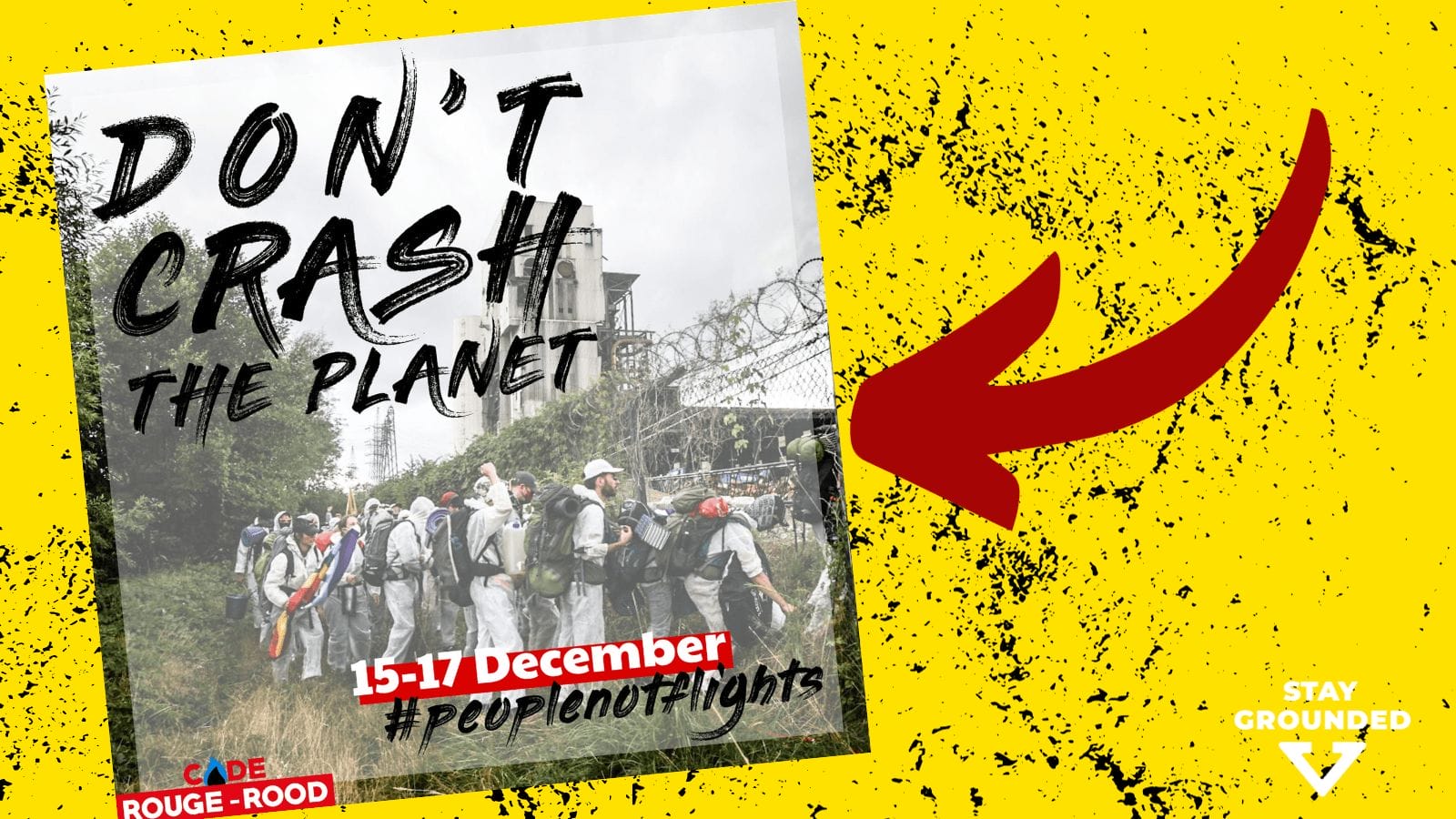 A yellow image with a red arrow pointing to a post from Code Rouge about an upcoming action in December