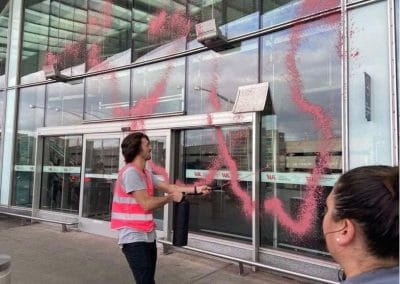 Another visit was taken to Montreal airport to spray painting it pink; on another day, large numbers of people took to the streets in support of Oil Kills, with some pouring "oil" onto themselves.